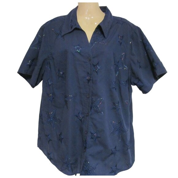 Womens Blue Embordered Stars Short Sleeve Shirt by CB Plus Size 1X - Picture 1 of 8
